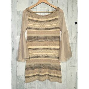 Free People Romantic Boho Holiday Fairy Open Knit Bell Sleeve Mini Dress Sz. S